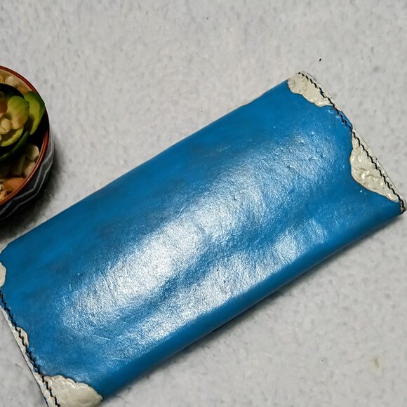 Hand Painted "Clouds&Birds In The Sky" Long Wallet Blue/White/Black - Picture 11 of 12